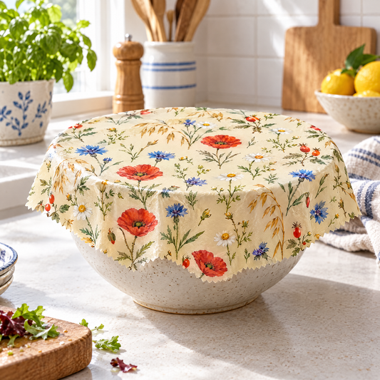 Skål dækket med bivoks wrap i markblomster-mønster